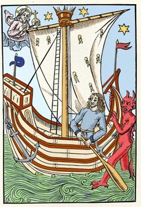Een schip tussen de gevaren van de zee. Een demon greep de boeg terwijl God zich aan de linkerkant manifesteerde. Gravure uit "De Grote Kalender en Compost van de Herders", Troyes 1491 door French School