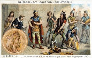 Een soldaat breekt de Soissons-vaas die Clovis wil bezitten, 486 door French School