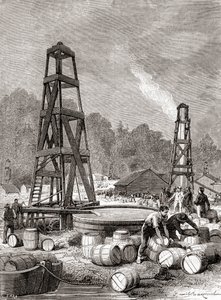 Een bron van aardolie bij Oil Creek aan de Allegheny River, Pennsylvania, VS in 1858, ontdekt door Edwin Laurentine Drake, alias Kolonel Drake, uit 