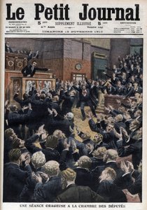 Een stormachtige zitting in de Kamer van Afgevaardigden - Premier Aristide Briand beschuldigt de leider van de socialisten, Jean Jaurès, van wetsinbreuk - illustratie uit 