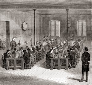 Een telegraafstation in Parijs, Frankrijk, ca. 1870, uit Les Merveilles de la Science, gepubliceerd ca. 1870 door French School