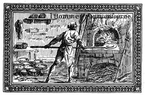 Een vignet dat brood maken afbeeldt (gravure)