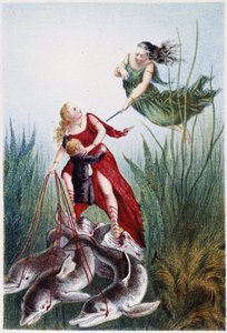 Een vrouw die een andere vrouw en een jongen aanvalt, geleid door dolfijnen - in "Reis naar de bodem van de zee" door H. de la Blanchère. Parijs, ed. Jouvet et Cie, sd. 1880