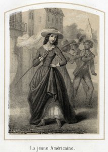 Een jonge Amerikaanse vrouw veroorzaakt gevechten tussen haar vrijers. Anonieme gravure van de 19e eeuw