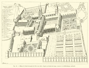 Abdij van Saint-Germain des Pres rond 1630, naar een tekening uit die tijd, bewaard in de nationale bibliotheek door French School
