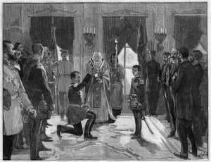 Abdicatie van koning Milan I van Servië (1854-1901), 7 maart 1889: de voormalige koning legt een eed van gehoorzaamheid en trouw af aan zijn zoon, Alexander I van Servië (1876-1903), voor wie hij zojuist heeft afgezworen. Gravure in 