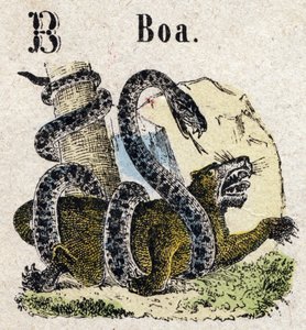 Abecedarium. Letter B zoals Boa. Kleine encyclopedische alfabet, populaire serie. Epinal beeld, eind 19e eeuw