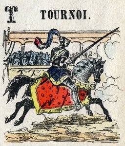 Abecedarium. Letter T zoals Toernooi. Kleine encyclopedische alfabet, populaire serie. Epinal beeld, eind 19e eeuw door French School