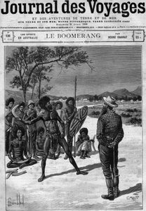 Aboriginals van Australië die een boemerang gebruiken, eind 19e eeuw. Gravure in 