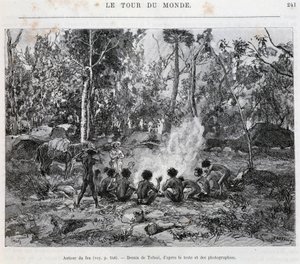 Aboriginals onder toezicht van een kolonist, rond het vuur - in 