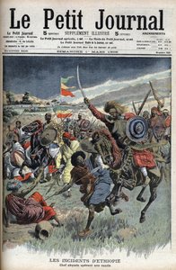 Abyssinische leider op een raid, Ethiopië, maart 1908 (christelijke Abyssiniërs vechten tegen moslim Somaliërs aan de grens tussen Ethiopië en Somalië) uit Le Petit Journal (gravure) door French School