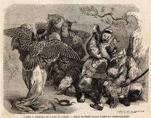 Acteurs en dansers van het Mikado-hof in toneelkostuum. Gravure ter illustratie van de reis naar Japan in 1863-1864, door Aime Humbert, minister van de Zwitserse Confederatie, in 