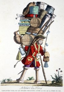 Bewonder kracht. Cartoon gemaakt door apothekers tegen de Hertog van Force in 1721 door French School