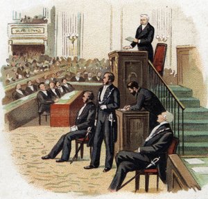 Adolphe Thiers (1797-1877), President van de Republiek aan het podium van de Nationale Vergadering in 1872 - Chromolithografie (Chromo) van het begin van de 20e eeuw door French School