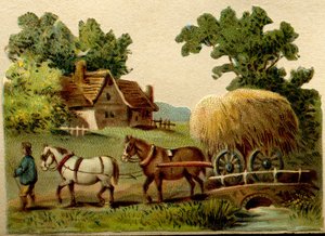 Advertentie Chromolithografie, gebeeldhouwd die een landelijke scène uitbeeldt, twee paarden geleid door een boer die een wagen met stro trekt