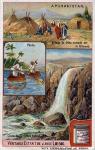 Reclamekaart met een nomadendorp aan de Hilmend, vissers en de waterval van de Kabul-rivier in Afghanistan. Chromolithografie uit de 19e eeuw.