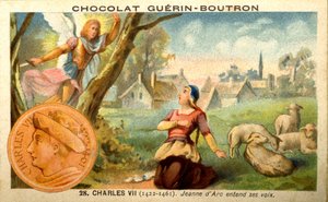 Reclame chromolithografie van chocolades Guerin Boutron, Karel VII koning van 1422 tot 1461. Jeanne d