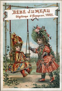 Reclame voor Twin poppen in 1885 van het Twin House. (Eerste Fabriek van de Wereld voor de vervaardiging van Beaux Bebes) door French School