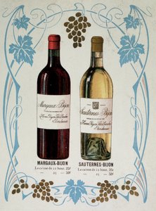 Reclame voor de verkoop van wijn Margaux-Bijon en Sauternes-Bijon, 25frs voor 12 flessen, 50frs voor 25