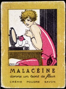 Reclamekaart voor Malacène schoonheidsproducten. circa 1920 door French School
