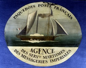 Reclamebord voor Franse postlijnboot, agentschap van maritieme diensten van keizerlijke koeriers - schilderij op hout, eind 19e eeuw door French School