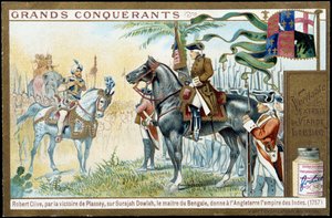 Na de overwinning van Plassey op Surajah Dowlah (Suraj Ud-daula of Ud Daula Ud Daulah of Ud-Daulah), gaf de meester van Bengalen Engeland het rijk van India in 1757. 19e eeuw liebig chromolithografie door French School