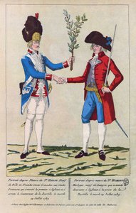 Natuurgetrouw portret van Sieur Harne, Grenadier en Sieur Humbert, horlogemaker. Zij waren de eerste mannen die werden aangevallen tijdens de bestorming van de Bastille op 14 juli 1789. Gravure uit 1790.