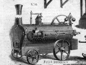 Landbouwmachine: een locomobiel gepresenteerd op de Parijse landbouwwedstrijd in 1860. Gravure in 