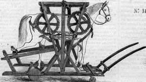 Landbouwmachine: een ophangingsapparaat (of draagbaar werk) gebruikt om paarden of vee te immobiliseren voordat ze worden behandeld. Machine gepresenteerd op de Parijse landbouwwedstrijd in 1860. Gravure in 