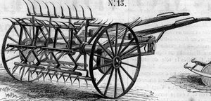 Landbouwmachine: een Engelse dubbele actie hooischudder gepresenteerd op de Parijse landbouwwedstrijd in 1860 - gravure in 