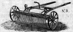 Landbouwmachine: een Engelse paardenhark gepresenteerd op de Parijse landbouwwedstrijd in 1860. Gravure in "Le Monde Illustré" nr. 16 van 7 juli 1860.