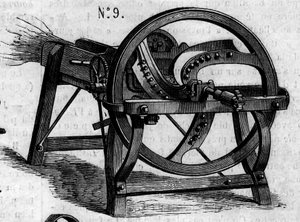 Landbouwmachine: een Engelse strobijl gepresenteerd op de Parijse landbouwwedstrijd in 1860. Gravure in "Le Monde Illustré" nr. 16 van 7 juli 1860. door French School