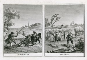 Landbouwscènes van ploegen en oogsten