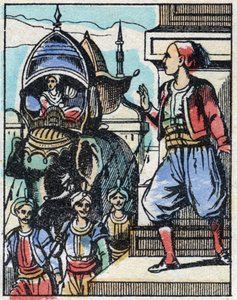Aladin wordt verliefd op de dochter van de sultan. Gravure van het verhaal van Duizend-en-een-nacht 