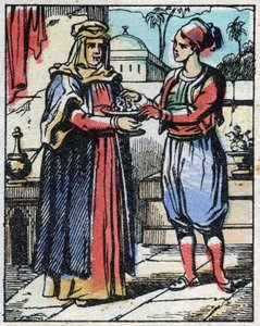 Aladin legt weelderige diamanten in een gouden beker en stuurt zijn moeder om ze aan de Sultan aan te bieden om zijn dochter ten huwelijk te vragen. Gravure van het verhaal Duizend-en-een-nacht "Aladin en de Wonderlamp". Epinal afbeelding, eind 19e eeuw. P door French School