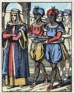 Aladin stuurde opnieuw zijn moeder, begeleid door slaven die geschenken dragen, om een huwelijksaanzoek te doen aan de dochter van de Sultan. Gravure van het verhaal Duizend-en-een-nacht 
