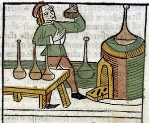 Alchemist - in "Les propriétaires des choses zowel lichamelijk als geestelijk" (boek XVIII) door Glanville, Lyon door French School