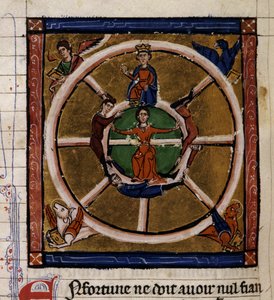 Alexander III De Grote (356-323 v.Chr.) zittend op het rad van Fortuin omringd door de Tetramorf. Miniatuur uit het manuscript 