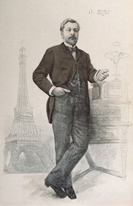 Alexandre Gustave Eiffel poseert bij zijn bureau met een tekening van de Eiffeltoren, illustratie uit La Revue Illustrée, 1888 door French School