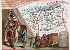Algerije in Afrika en de provincie Oran, Frankrijk. Serie over de Franse departementen. Import van vijgen, katoen, tabak, agaat en lood. Chromolithografie "de geografische draad", circa 1920. Privécollectie door French School
