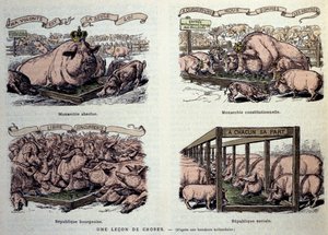 Allegorieën van de verschillende soorten regeringen: de absolute monarchie, die een goed gevoede varken en kronen voorstelt 