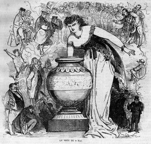 Allegorie van het plebisciet van 8 mei 1870, laatste plebisciet georganiseerd onder het Tweede Keizerrijk. Gravure uit 1870 door French School