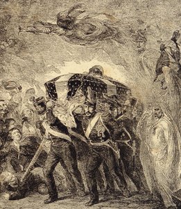 Allegorie van de terugkeer van de as van de Franse keizer Napoleon Bonaparte in 1840. 19e eeuw (gravure uit "Clours, mores, usages, costumes, inventions")