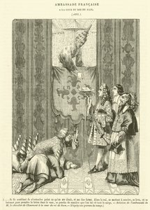 Franse ambassade, aan het hof van de koning van Siam (gravure) door French School