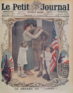 Een Amerikaanse soldaat vertrekt naar Europa tijdens de Eerste Wereldoorlog, omslagillustratie van Le Petit Journal, 13 januari 1918