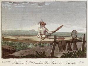 Een Inwoner van Unalaska Eiland in zijn Kano, 1811 door French School
