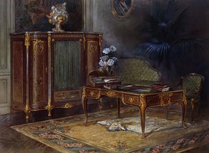 Een Interieur met een Louis XV Stijl Ormulu-gemonteerd en Parquetry Bureau Plat en Bibliotheek