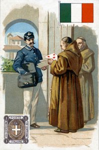 Een Italiaanse postbode die post bezorgt, eind 19e eeuw door French School