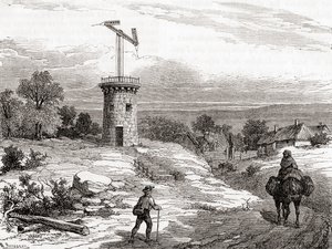 Een luchttelegraafpaal in de 18e eeuw, uit Les Merveilles de la Science, gepubliceerd ca. 1870 door French School