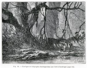 Een elektrische telegraaflijn in een Amerikaans bos, ca. 1870 (gravure) door French School